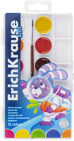 Изображение Краски 12 цветов акварель Эрих Краузе спейс энималс с кистью Эрих Краузе к/у, 1 шт