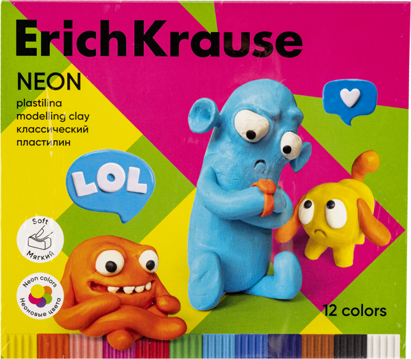 Изображение Пластилин 12 цветов со стеком Эрих Краузе джолли френдс неон Эрих Краузе к/у, 1 шт