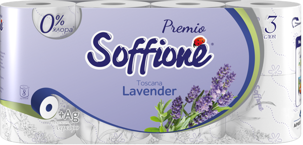 Изображение Туалетная бумага 3х слойная Соффионе премиум лаванда 150 листов Архбум м/у, 8 шт
