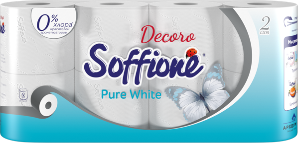 Изображение Туалетная бумага 2х слойная Соффионе пью вайт 150 листов Архбум м/у, 8 шт