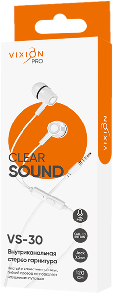 Изображение Наушники белые Виксион VS-30 проводные Дунгуань Пуджи Электроник к/у, 1 шт