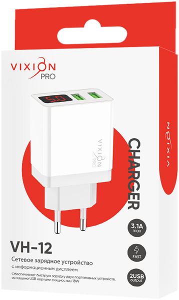 Изображение Зарядное устройство сетевое Виксион 2 разъема с дисплеем бело Дунгуань Пуджи Электроник к/у, 1 шт