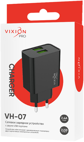Изображение Зарядное устройство сетевое Виксион 2 разъема VH-07 черное Дунгуань Пуджи Электроник к/у, 1 шт