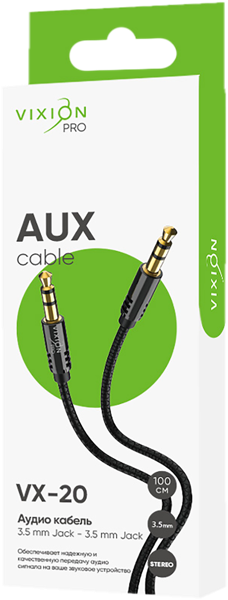 Изображение Кабель 1м черный Виксион аукс стерео VX-20 Дунгуань Пуджи Электроник к/у, 1 шт
