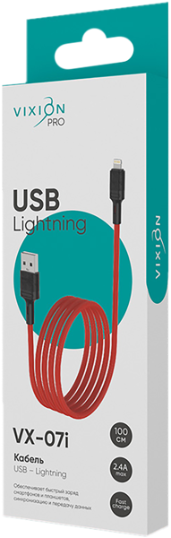Изображение Кабель 1м красный Виксион лайтнинг юсб VX-07i Дунгуань Пуджи Электроник к/у, 1 шт