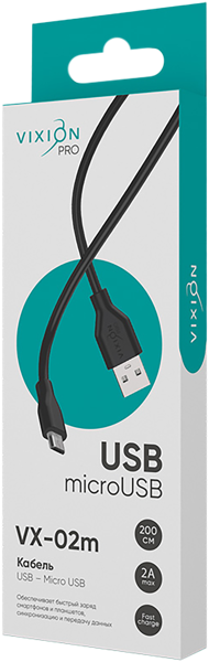 Изображение Кабель 2м черный Виксион лайтнинг микро юсб VX-02m Дунгуань Пуджи Электроник к/у, 1 шт