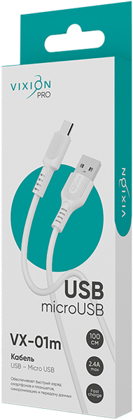 Изображение Кабель 1м белый Виксион микро юсб VX-01m Дунгуань Пуджи Электроник к/у, 1 шт