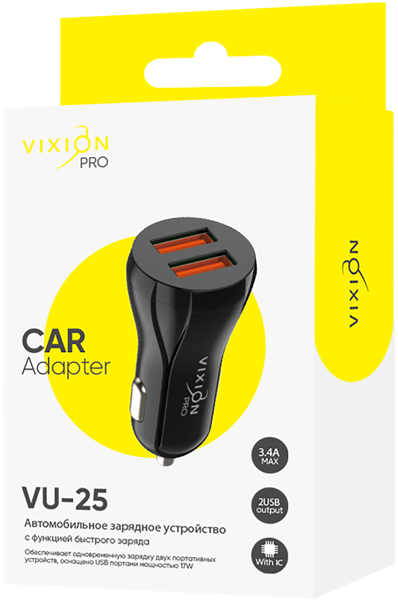 Изображение Адаптер для авто черный Виксион 2 разъема юсб VU-25 быстр Дунгуань Пуджи Электроник к/у, 1 шт