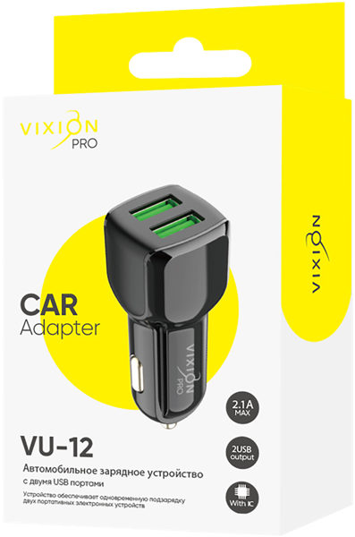 Изображение Адаптер для авто черный Виксион 2 разъема юсб VU-12 Дунгуань Пуджи Электроник к/у, 1 шт