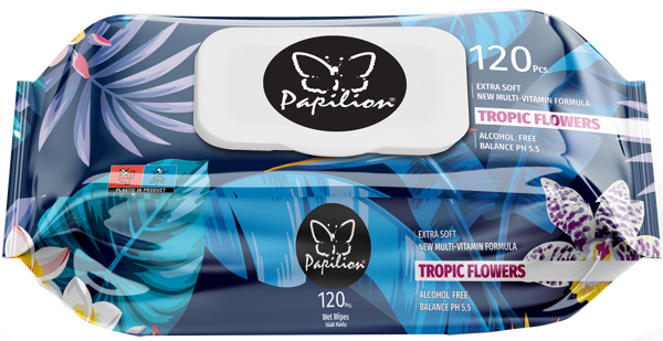 Изображение Салфетки влажные для рук Папильон тропические цветы Ар Кагит м/у, 120 шт