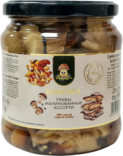 Изображение Грибы маринованные Юнона ассорти Юнона Инвест с/б, 460 г