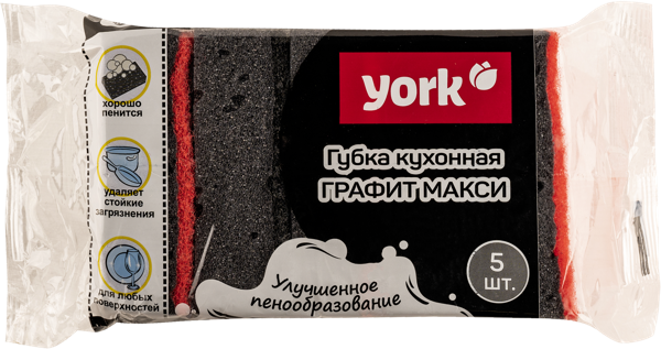 Изображение Губка для посуды Йорк графит макси поролон Йорк м/у, 5 шт