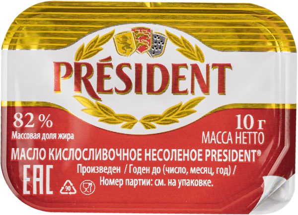 Изображение Масло 82% Президент кисло-сливочное несоленое Ляховичский МЗ дип-пот, 10 г