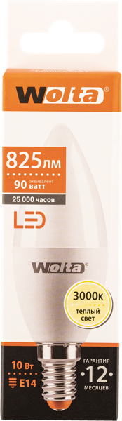 Изображение Лампочка 10Вт Е14 3000К Вольта светодиодная свеча Вольта к/у, 1 шт