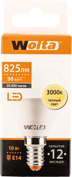 Изображение Лампочка 10Вт Е14 3000К Вольта светодиодная шар Вольта к/у, 1 шт