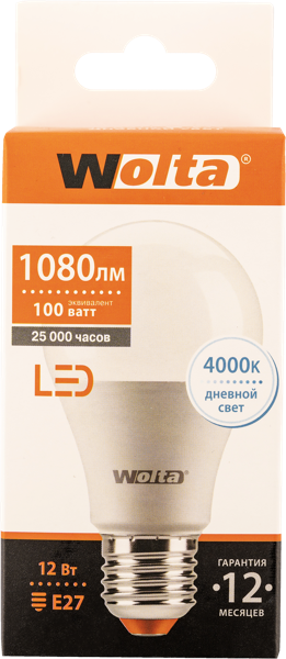 Изображение Лампочка 12Вт E27 4000К Вольта светодиодная груша Вольта к/у, 1 шт