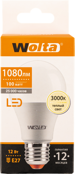 Изображение Лампочка 12Вт E27 3000К Вольта светодиодная груша Вольта к/у, 1 шт