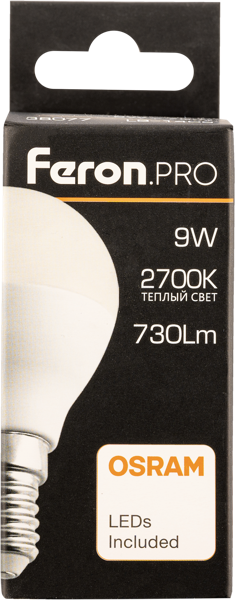 Изображение Лампочка 9Вт Е14 2700К 2К Ферон Про светодиодная шар матовая Ферон к/у, 1 шт