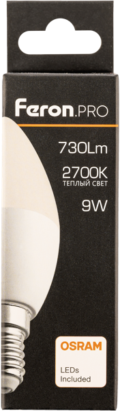 Изображение Лампочка 9Вт Е14 2700К 2К Ферон Про светодиодная свеча матова Ферон к/у, 1 шт