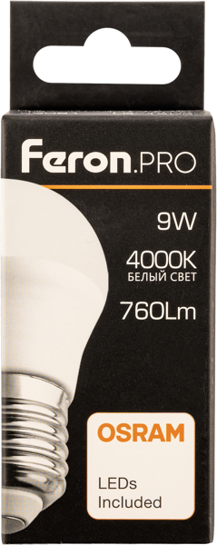 Изображение Лампочка 9Вт Е27 4000К 4К Ферон Про светодиодная шар матовая Ферон к/у, 1 шт