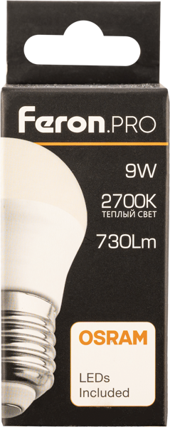 Изображение Лампочка 9Вт Е27 2700К 2К Ферон Про светодиодная шар матовая Ферон к/у, 1 шт