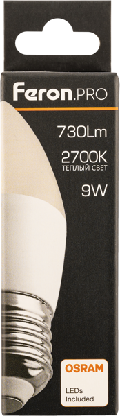 Изображение Лампочка 9Вт Е27 2700К 2К Ферон Про светодиодная свеча матова Ферон к/у, 1 шт
