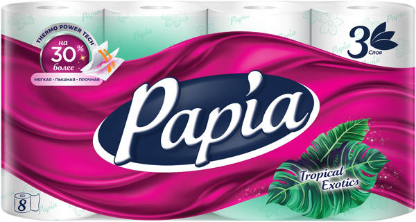 Изображение Туалетная бумага 3х слойная Папия троп экзотика 1120 листов Хаят Маркетинг м/у, 8 шт