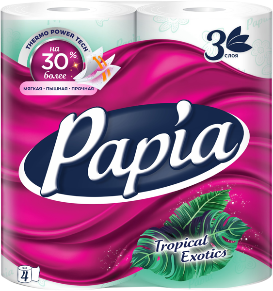 Изображение Туалетная бумага 3х слойная Папия троп экзотика 1120 листов Хаят Маркетинг м/у, 4 шт