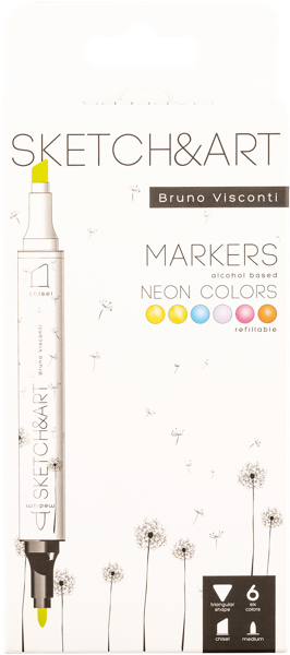 Изображение Маркеры цветные неоновые Бруно Висконти Скетч Арт двусторонние Бруно Висконти п/у, 6 шт