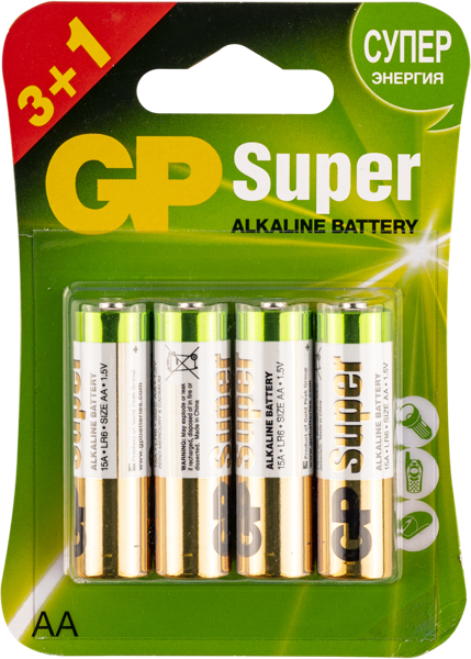 Изображение Батарейка АА ЛР6 1,5 вольт ДжиПи супер алкаин ДжиПи к/у, 4 шт