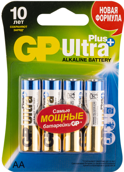 Изображение Батарейка АА ЛР6 1,5 вольт ДжиПи ультра плюс алкаин ДжиПи к/у, 4 шт