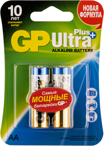 Изображение Батарейка АА ЛР6 1,5 вольт ДжиПи ультра плюс алкаин ДжиПи к/у, 2 шт