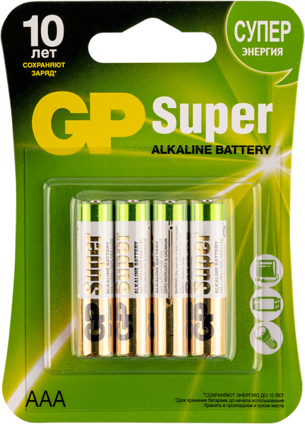Изображение Батарейка ААА ЛР03 1,5 вольт ДжиПи супер алкаин ДжиПи к/у, 4 шт