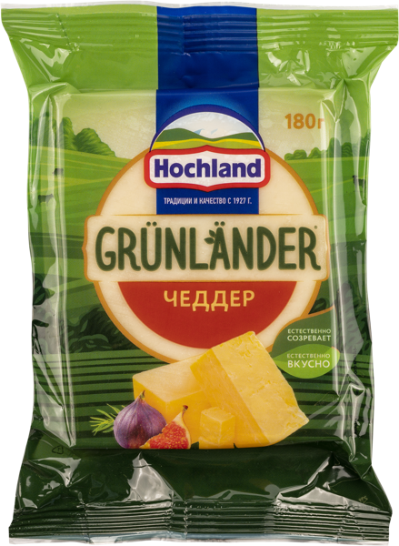 Изображение Сыр 50% полутвердый Хохланд грюнландер чеддер ПиР-ПАК м/у, 180 г