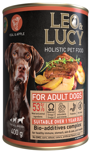 Изображение Консервы для собак Лео Люси паштет телятина яблоко Петкорм ж/б, 400 г