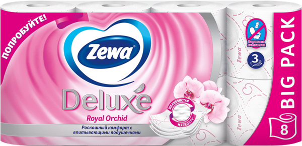 Изображение Туалетная бумага 3х слойная Зева делюкс орхидея 1200 листов ЭвоКом м/у, 8 шт