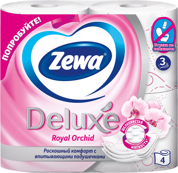 Изображение Туалетная бумага 3х слойная Зева делюкс орхидея 600 листов ЭвоКом м/у, 4 шт