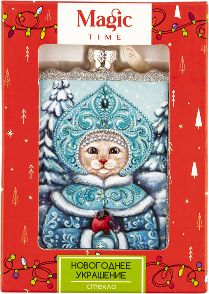 Изображение Елочное украшение 9,3см стекло Мэджик Тайм котик снегурочка в кокошн Феникс Презент , 1 шт