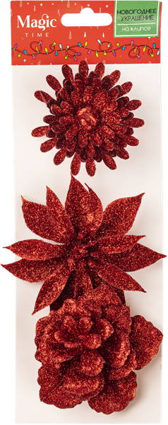 Изображение Цветок 9см на клипсе Мэджик Тайм красный с блестками Феникс Презент м/у, 3 шт