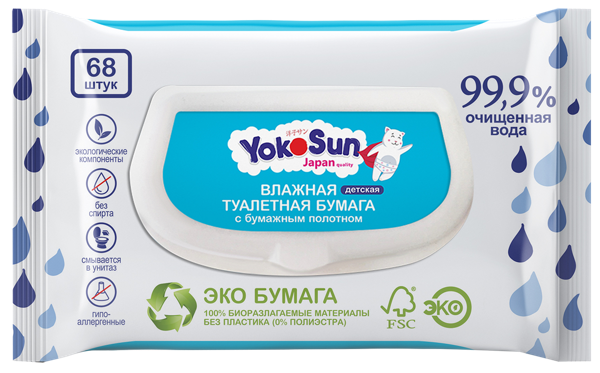 Изображение Туалетная бумага влажная Йокосан 99,9% вода детская Азия Лайф м/у, 68 шт