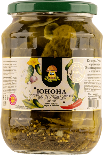 Изображение Огурцы маринованные Юнона 6-9см с перцем чили Юнона Инвест с/б, 700 г