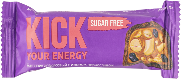 Изображение Батончик арахисовый Кик без сахара изюм чернослив грецк орех Фуд Рев ПК кор, 45 г