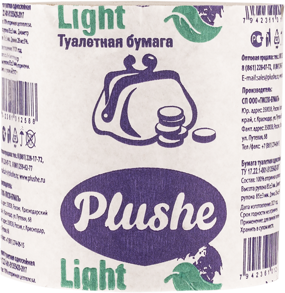 Изображение Туалетная бумага 1 слойная Плюше лайт 28 метров Папир Юг м/у, 1 шт