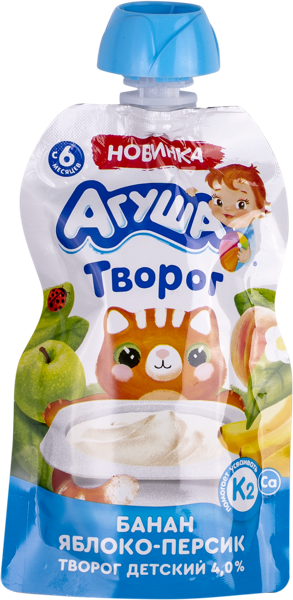 Изображение Творог 4% с 6 мес Агуша банан яблоко персик ВБД пауч, 80 г