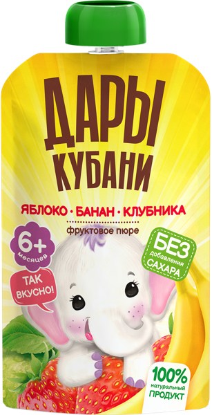 Изображение Пюре фруктовое с 6 месяцев Дары Кубани яблоко банан клубника Южная Соковая Компания пауч, 90 г