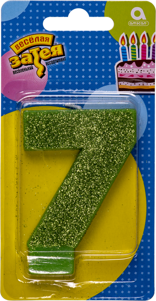 Изображение Свеча для торта зеленая 8см Веселая затея цифра 7 с глиттером Веселая затея п/у, 1 шт
