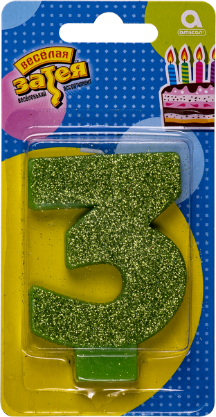 Изображение Свеча 8см для торта зеленая Веселая затея цифра 3 с глиттером Веселая затея п/у, 1 шт