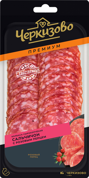 Изображение Колбаса сырокопченая нарезка Черкизово Премиум сальчичон с розовом перце ЧМПЗ в/у, 85 г