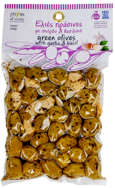 Изображение Оливки с чесноком базиликом Физис оф Крит каламата зеленые Асмарианаки Мария в/у, 250 г