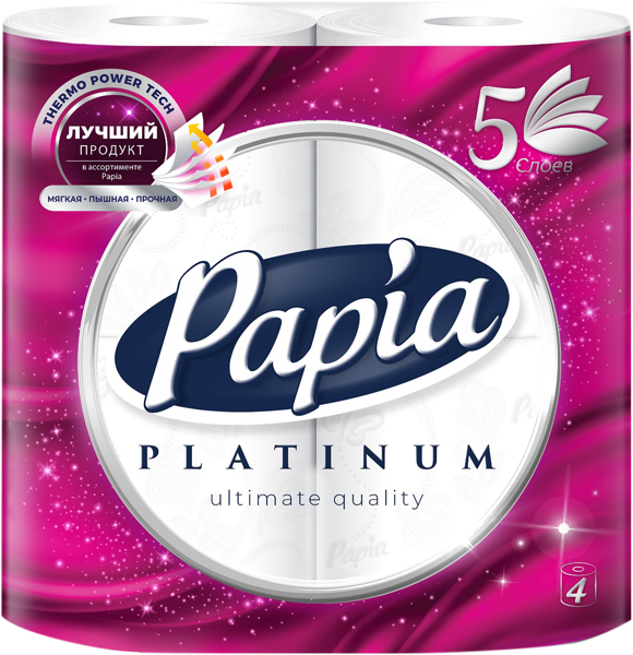 Изображение Туалетная бумага 5ти слойная Папия платинум белая 110 листов Хаят Кимья ООО м/у, 4 шт